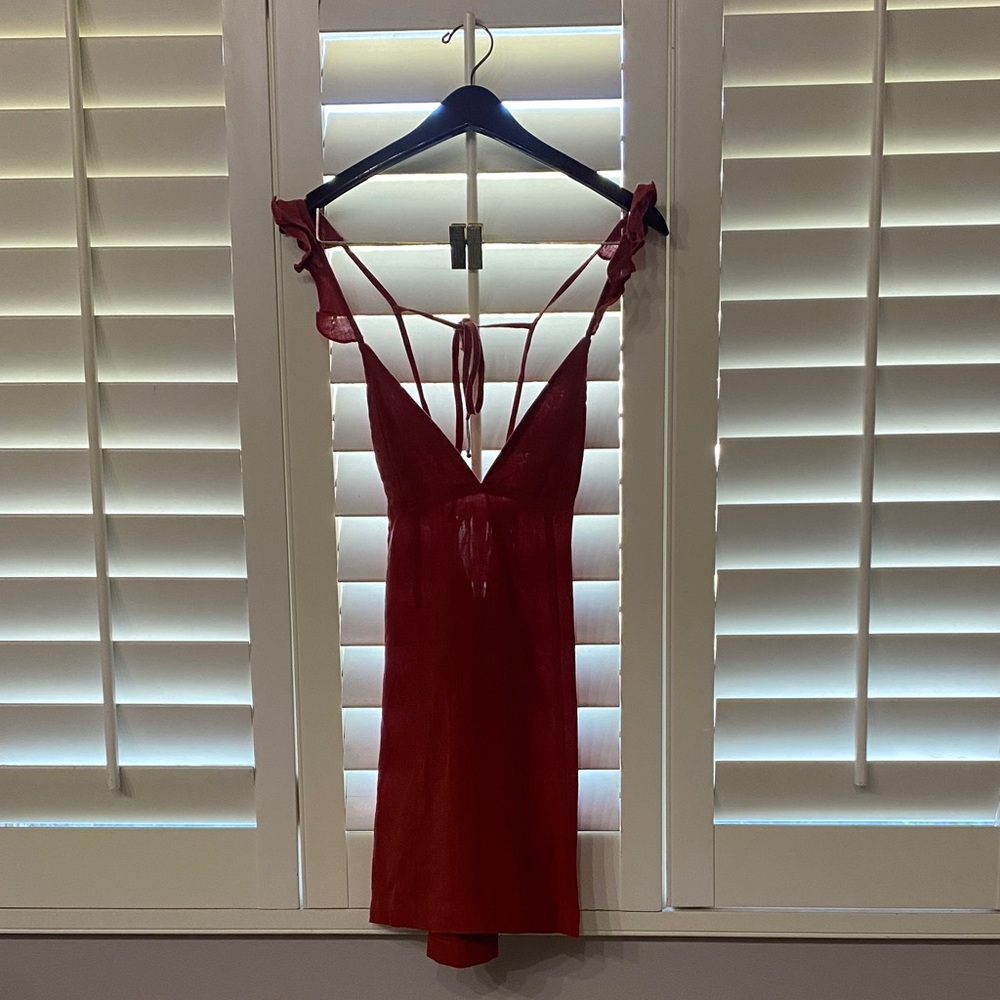 Skylar + Madison dark mandarin/ ‘rusty red’  linen dress. Size M.